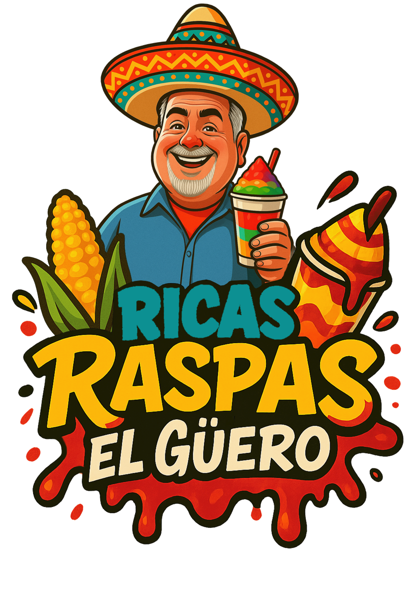 Ricas Raspas El Guero — el güero holding a rainbow raspado, with corn and a chamoyada